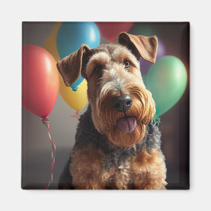 Airedale dog with cake and balloons magnet
