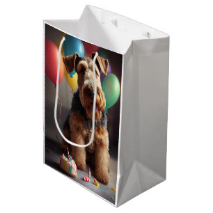 Airedale dog with cake and balloons medium gift bag