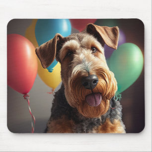 Airedale dog with cake and balloons mouse mat
