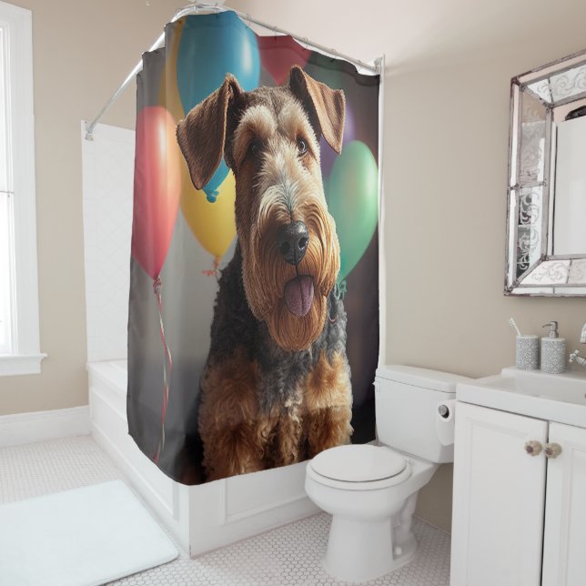 Airedale dog with cake and balloons shower curtain (In Situ)