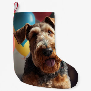 Airedale dog with cake and balloons small christmas stocking