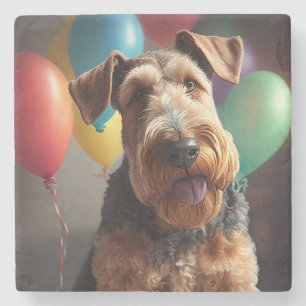 Airedale dog with cake and balloons stone coaster