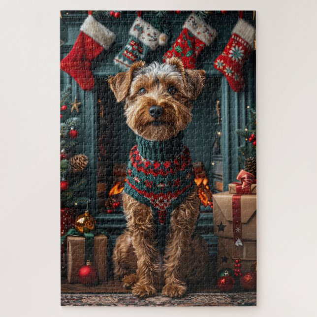 Airedale Dog With Christmas Gifts Fireplace Jigsaw Puzzle (Vertical)