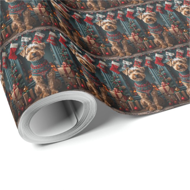 Airedale Dog With Christmas Gifts Fireplace Wrapping Paper (Roll Corner)