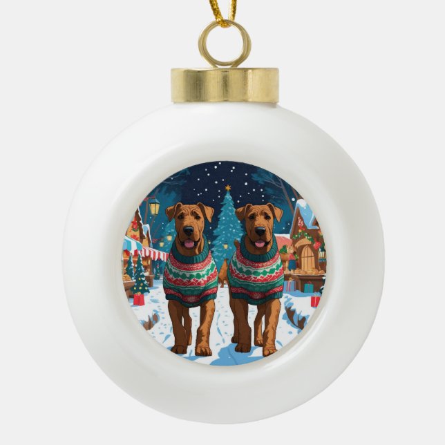 Airedale Dogs Christmas Snow Holiday Ceramic Ball Christmas Ornament (Front)