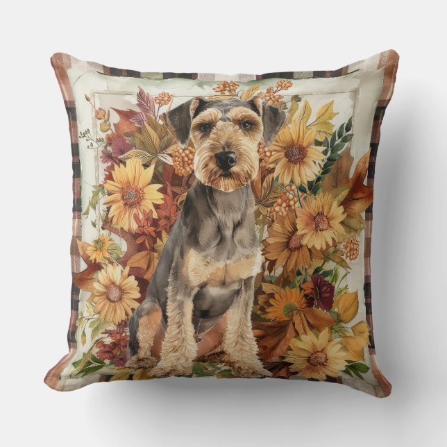 Airedale Fall Watercolor Flowers Cushion (Front)