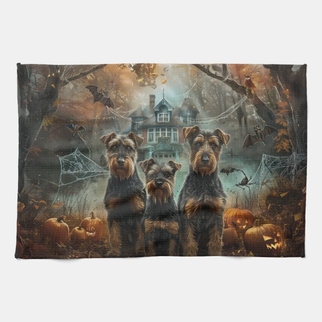 Airedale Halloween Night Doggy Delight Tea Towel (Horizontal)