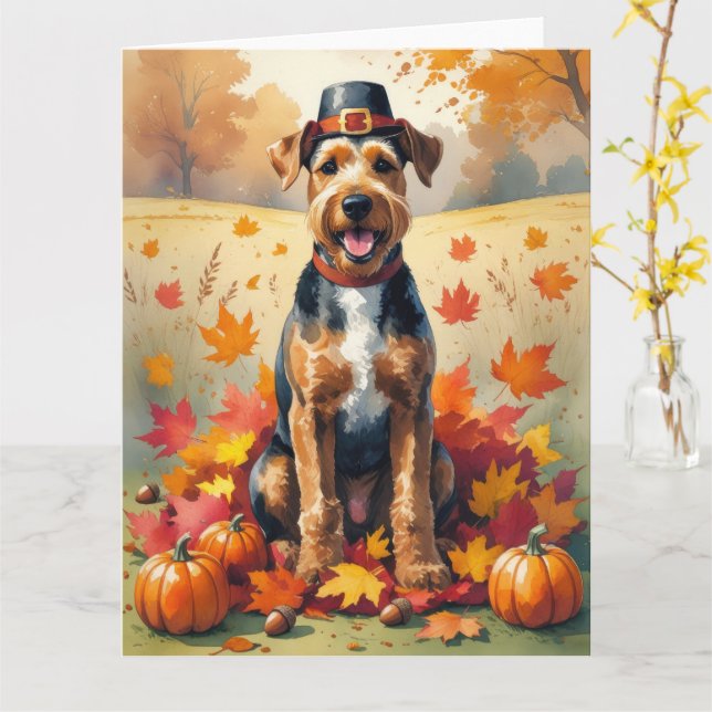 Airedale  in Autumn Leaves Thanksgiving Art Card (Yellow Flower)