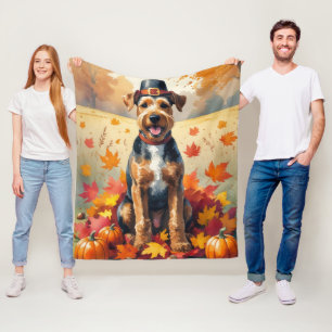 Airedale  in Autumn Leaves Thanksgiving Art Fleece Blanket