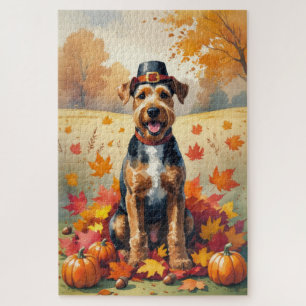 Airedale  in Autumn Leaves Thanksgiving Art Jigsaw Puzzle