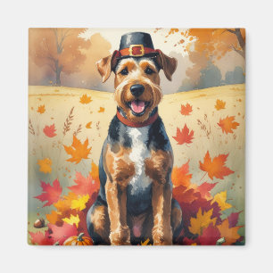 Airedale in Autumn Leaves Thanksgiving Art Magnet