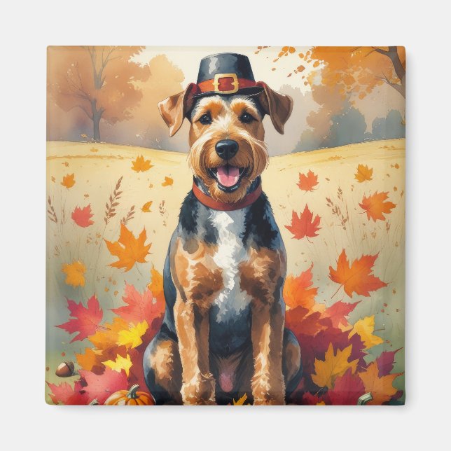 Airedale  in Autumn Leaves Thanksgiving Art Magnet (Front)