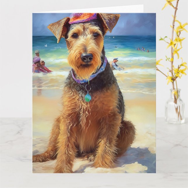 Airedale on Beach, summer gift for dog lovers  Card (Yellow Flower)