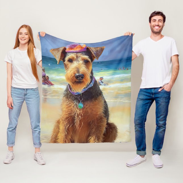 Airedale on Beach, summer gift for dog lovers  Fleece Blanket (In Situ)