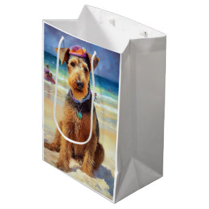 Airedale on Beach, summer gift for dog lovers  Medium Gift Bag