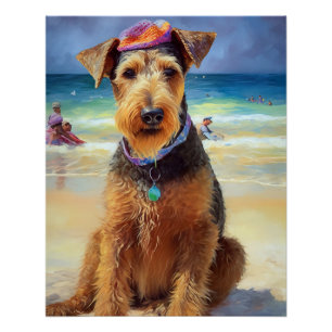 Airedale on Beach, summer gift for dog lovers Poster