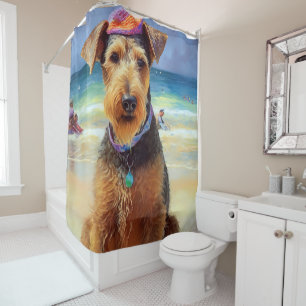Airedale on Beach, summer gift for dog lovers Shower Curtain