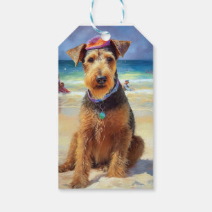 Airedale on Beach, summer gift for dog lovers Tags