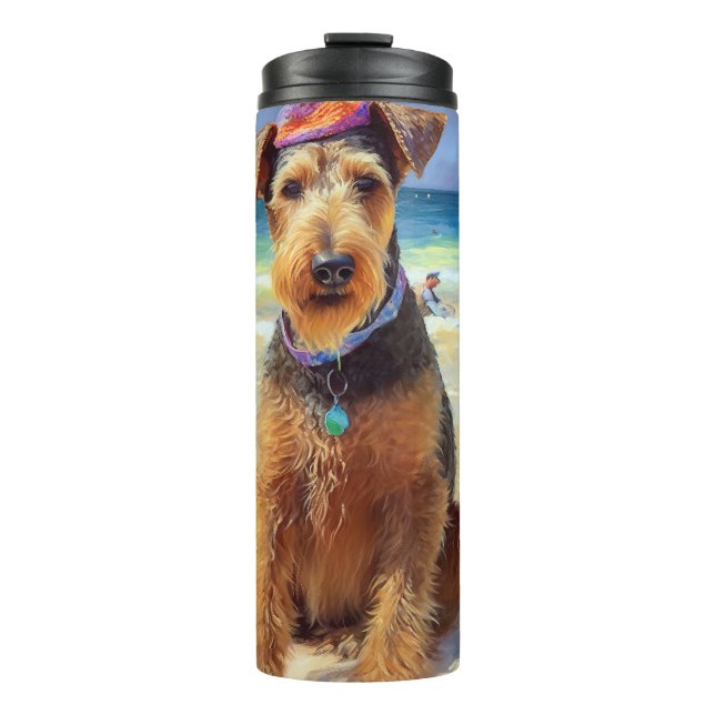 Airedale on Beach, summer gift for dog lovers  Thermal Tumbler (Front)