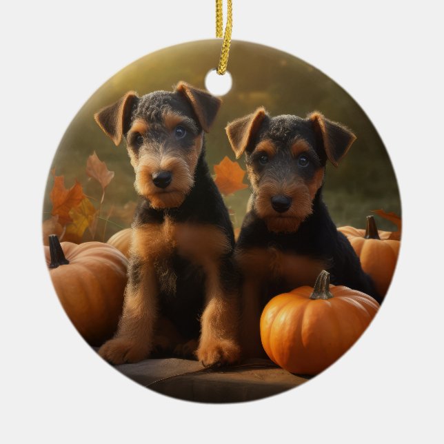 Airedale Puppy Autumn Delight Pumpkin Ceramic Tree Decoration (Front)