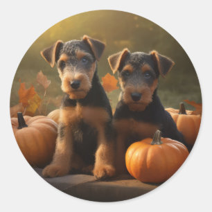 Airedale Puppy Autumn Delight Pumpkin Classic Round Sticker
