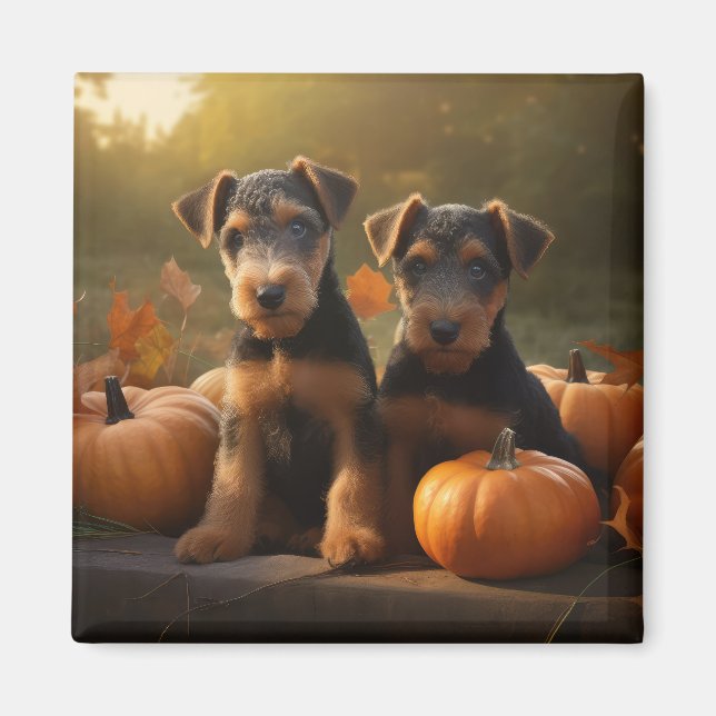 Airedale Puppy Autumn Delight Pumpkin Magnet (Front)