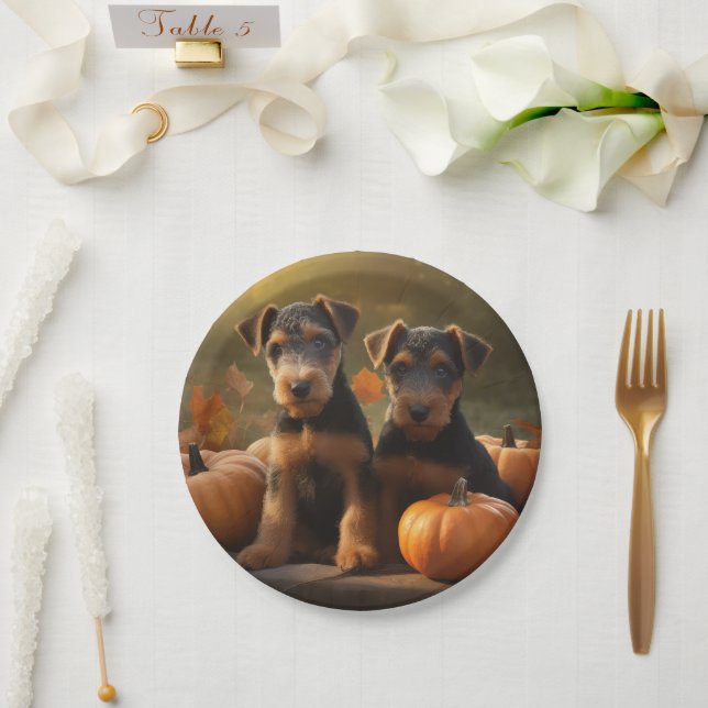 Airedale Puppy Autumn Delight Pumpkin Paper Plate (Wedding)