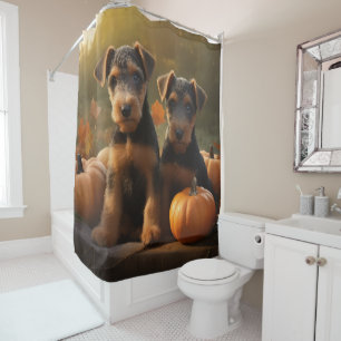 Airedale Puppy Autumn Delight Pumpkin Shower Curtain