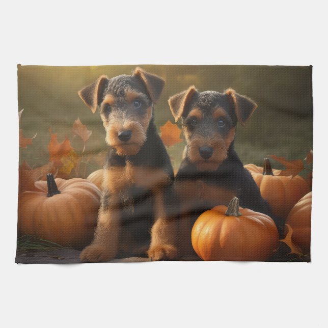 Airedale Puppy Autumn Delight Pumpkin Tea Towel (Horizontal)