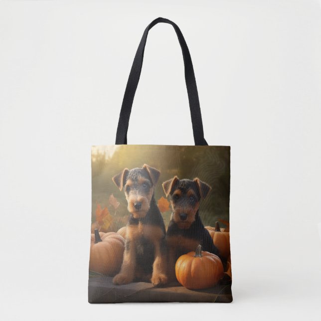 Airedale Puppy Autumn Delight Pumpkin Tote Bag (Front)