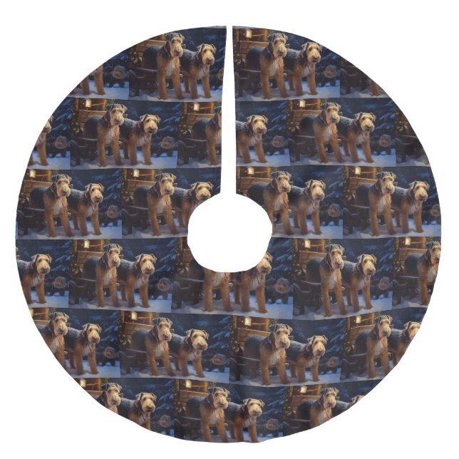 Airedale Snowy Sleigh Ride Christmas Decor   Brushed Polyester Tree Skirt (Front)