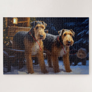 Airedale Snowy Sleigh Ride Christmas Decor Jigsaw Puzzle