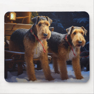 Airedale Snowy Sleigh Ride Christmas Decor Mouse Mat