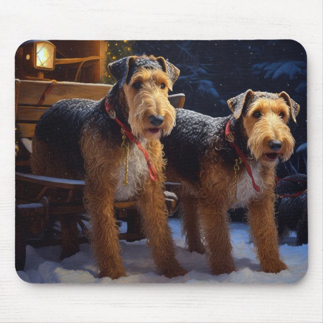 Airedale Snowy Sleigh Ride Christmas Decor   Mouse Mat (Front)