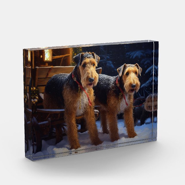 Airedale Snowy Sleigh Ride Christmas Decor   Photo Block (Left)