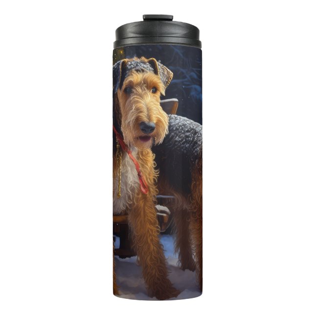 Airedale Snowy Sleigh Ride Christmas Decor   Thermal Tumbler (Front)