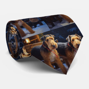 Airedale Snowy Sleigh Ride Christmas Decor Tie