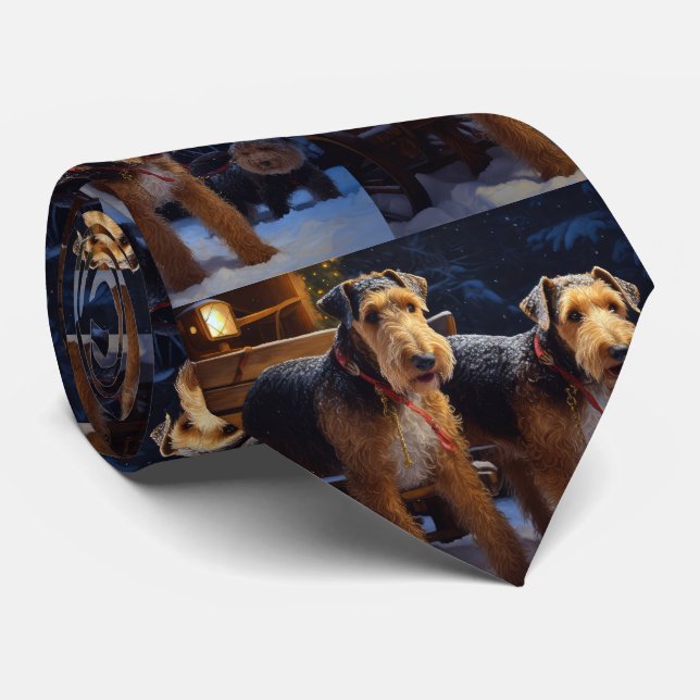 Airedale Snowy Sleigh Ride Christmas Decor   Tie (Rolled)