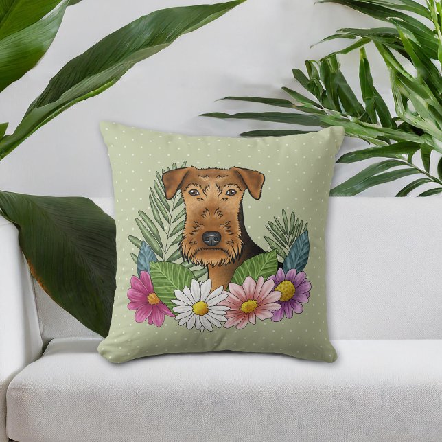 Airedale Terrier And Colourful Summer Flowers Gree Cushion (Please note: This image is a digital mockup. The product may not be in scale.)