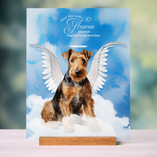 Airedale Terrier Angel Dog with Name Pet Memorial Acrylic Sign (Neutral)