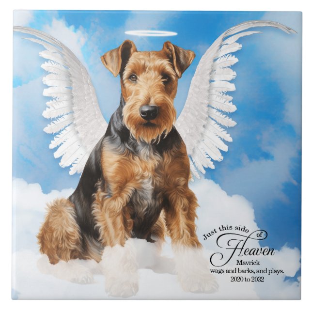 Airedale Terrier Angel Personalised Pet Memorial Tile (Front)