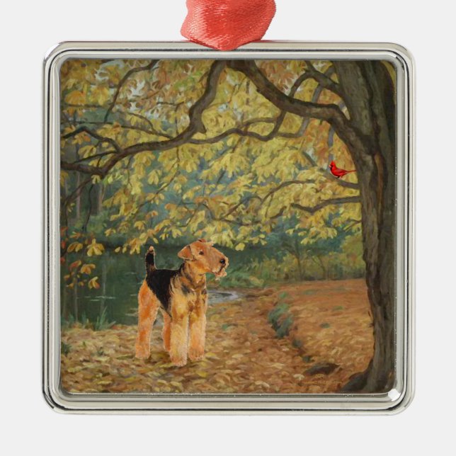 Airedale Terrier Birdwatching Metal Tree Decoration (Front)