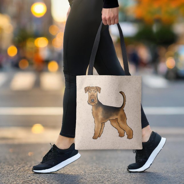 Airedale Terrier Cartoon Dog Standing On Beige Tote Bag (Please note: This image is a digital mockup. The product may not be in scale.)