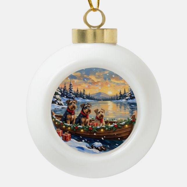 Airedale Terrier Christmas Boat Holiday Ceramic Ball Christmas Ornament (Front)