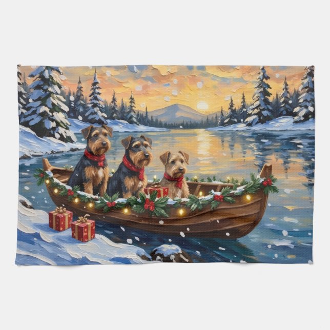 Airedale Terrier Christmas Boat Holiday Tea Towel (Horizontal)