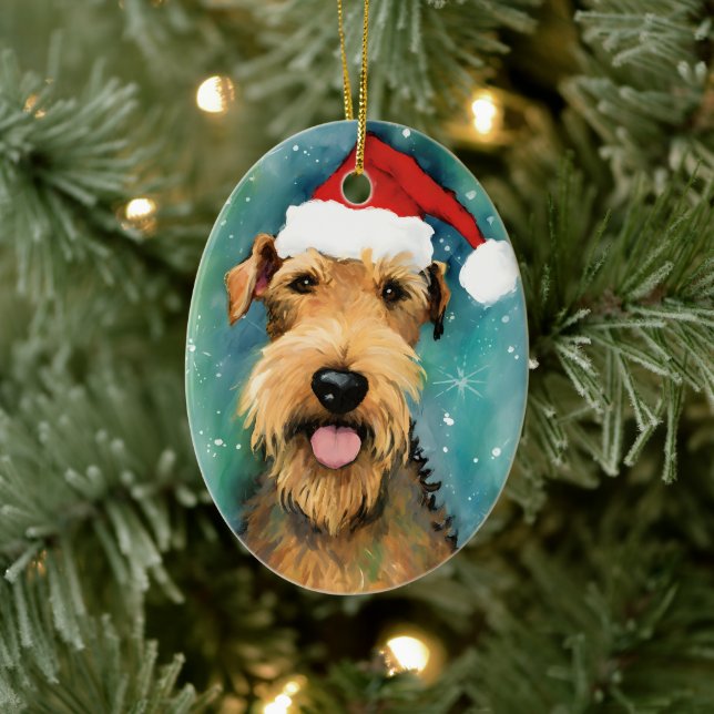 Airedale Terrier Christmas brush painting artwork Ceramic Tree Decoration (Tree)