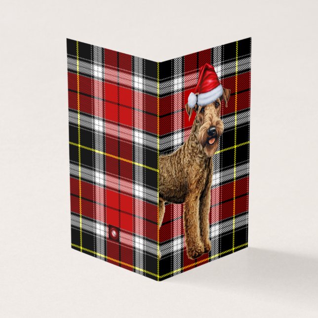 Airedale Terrier Christmas Dog with Holiday Plaid (Outside)