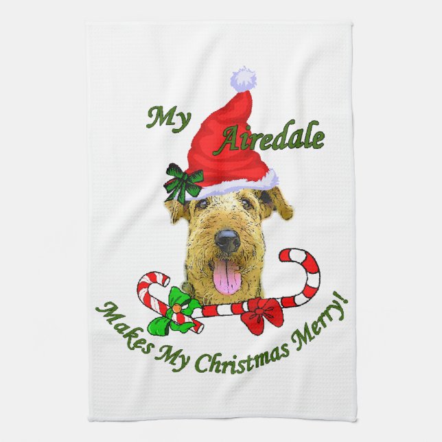 Airedale Terrier Christmas Merry Tea Towel (Vertical)