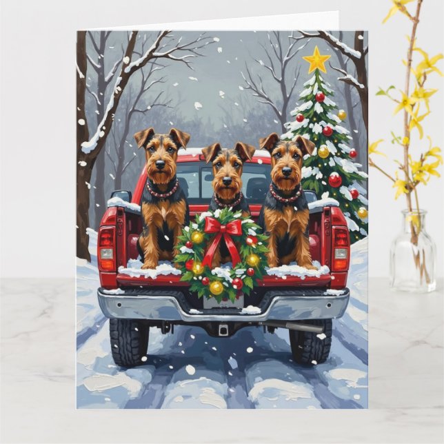 Airedale Terrier Christmas Red Truck Holiday Card (Yellow Flower)