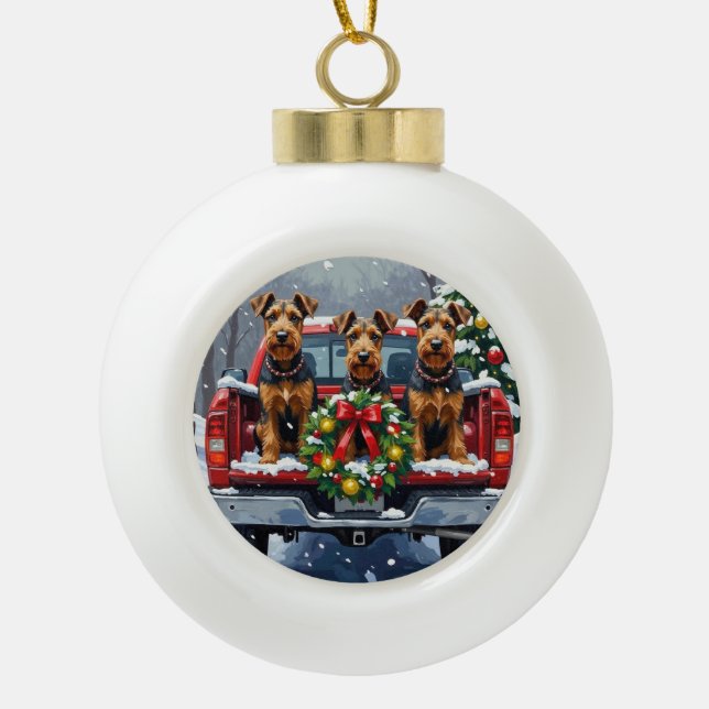 Airedale Terrier Christmas Red Truck Holiday Ceramic Ball Christmas Ornament (Front)